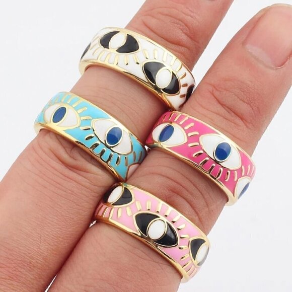Evil Eye Enamel and Copper Adjustable Ring #1209 PINK - Picture 4 of 13